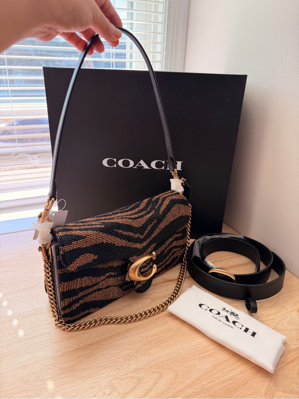 Coach Leopard-Print Beaded Shoulder Bag in Black and Brown with Gold Hardware